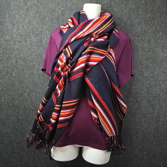 Gorgeous Tory Burch Shawl Wrap Striped Multicolor Logo Classy Versatile - Picture 6 of 7